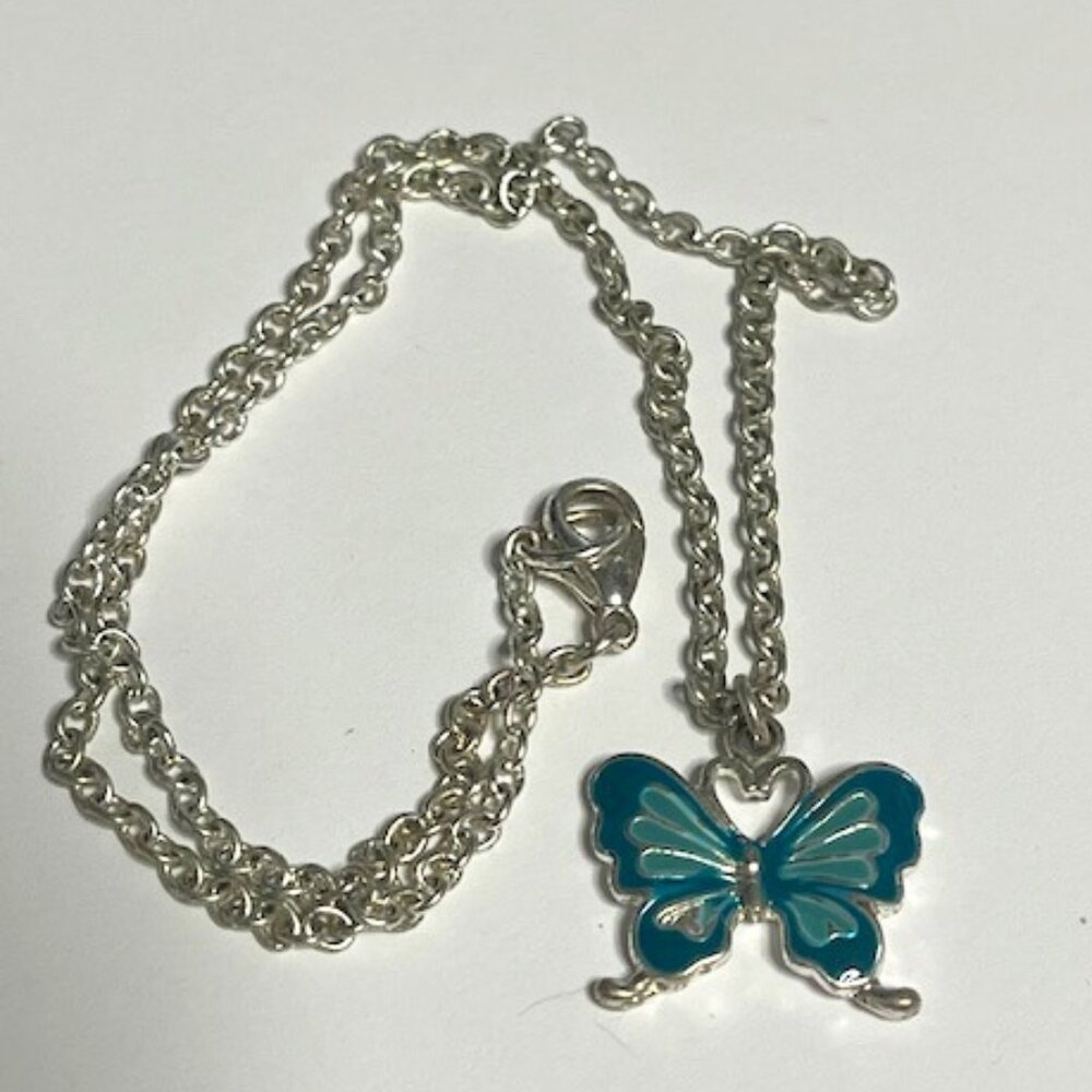 Blue Enamel Butterfly Pendant w/15.5" Silver Tone Chain Necklace